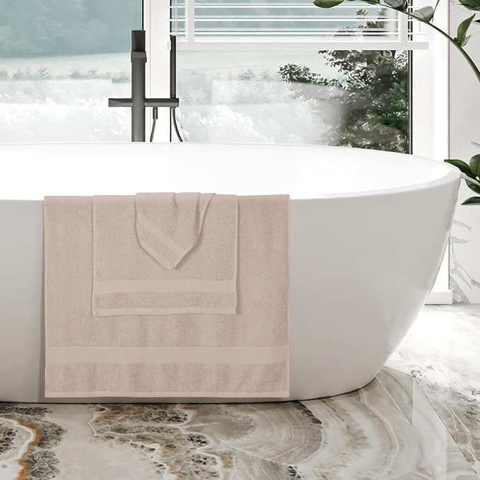BOUTIQUO Ultra Soft 3 Pack Cotton Towel Set, Contains a Bath Towels 27x54 inch, a Hand Towels 16x24 inch & a Wash Coths 12x12 inch, Ideal Everyday use, Compact & Lightweight - Tan