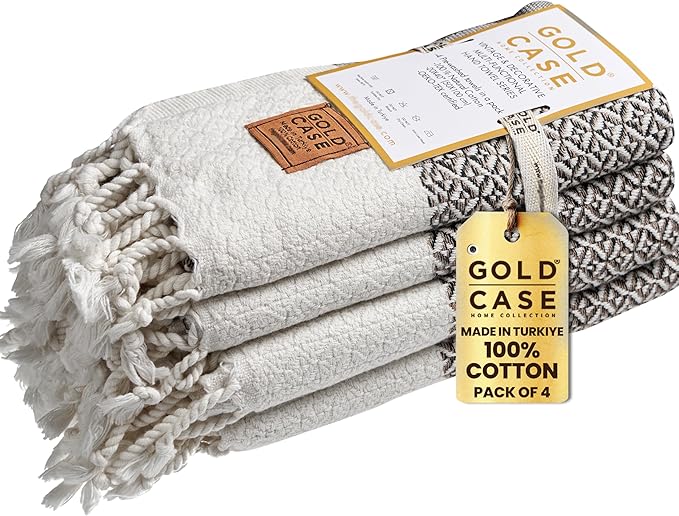 Gold CASE Turkish Hand Towels for Bathroom Set of 4 – 20 x 40'' – 100% Cotton Bathroom Towels – Aphrodite Kitchen Small Towel for Spa, Face, Tea & Dishcloth – Decorative Patterned Weave – Beige
