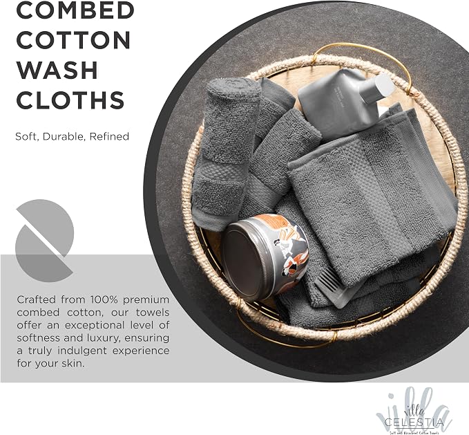 Cotton Washcloths Set of 6, 12x12 Inch, 100% Ring-Spun Combed Cotton, Soft Absorbent Quick-Dry Wash Cloths for Face and Body, Oeko-TEX Certified, Hotel & Spa Quality, Grey