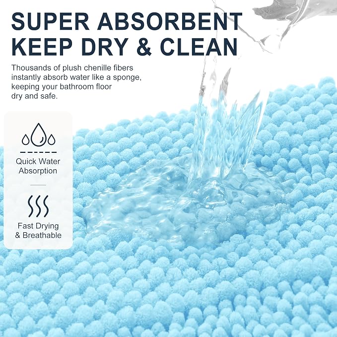 Smiry Thick Chenille Bathroom Rugs 36x24, Extra Soft Absorbent Striped Bath Mat, Machine Washable, Rubber Backing, Bath Rugs for Bathroom, Tub & Shower, Home Decor Accessories, Sky Blue