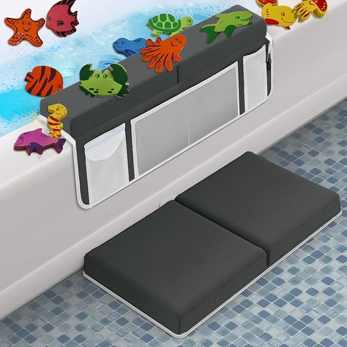 Supa Ant Bath Kneeler–8 Suction Cups & 1.5" Thick Padding.Award Winning Baby Bath Kneeler and Elbow Rest Pad Set with 5 Bath Toy Organizer Pockets.Non Slip Fast Drying Baby Bath Essentials Charcoal
