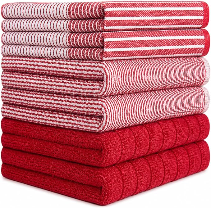 Premium Kitchen Towels (20”x 28”, 6 Pack) | Large Cotton Dish Towels | Flat & Terry Highly Absorbent Kitchen Linen Set with Hanging Loop | Red
