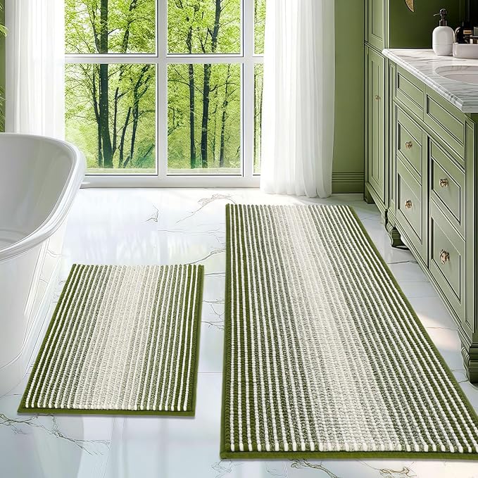 BSICPRO Bathroom Rugs and Mats Sets, 2 Piece Thick Absorbent Chenille Bath Mat Rug Set Non Slip, Soft Shaggy Bath Room Floor Mats for Bathroom, Machine Washable (Sage, 20" x 47" Plus 16" x 24")