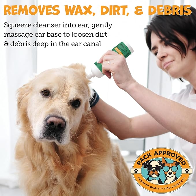 Pack Approved Cat & Dog Ear Cleaning Solution - Helps Remove Wax, Debris, and Dirt - Non-Stinging, Non-Burning Daily Use Formula - Cat & Dog Ear Wash for Itchy Ears - Cucumber Melon Scent (8oz)