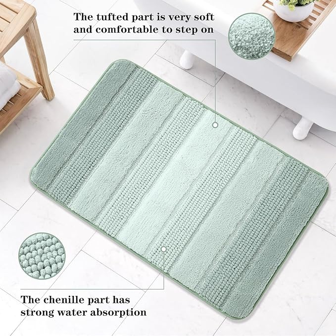 Kmson Ombre Chenille Bathroom Rugs, 24"x36" Non-Slip Bath Mat for Shower Floor & Bathtub, Ultra Soft Washable Shaggy, Fluffy Thick Water Absorbent Microfiber Green