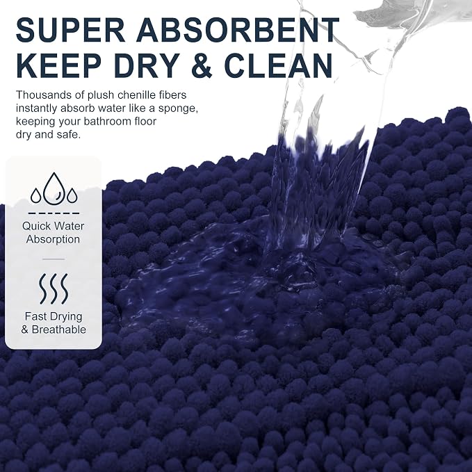 Smiry Thick Chenille Bathroom Rugs 30x20, Extra Absorbent Striped Bath Mat, Machine Washable, Rubber Backing, Bath Rugs for Bathroom, Tub & Shower, Home Decor Accessories, Twilight Sapphire