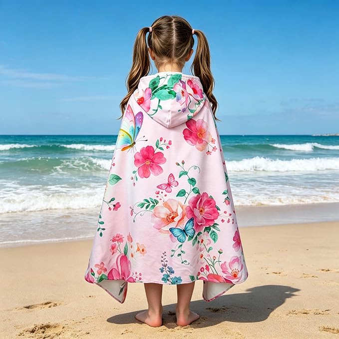 VOOVA & MOVAS Todder Beach Towel with Hood, (3-8 Years, 30''X50),Absorbent 100% Cotton Towel Wrap for Boys, Perfect for Toddler Beach, Pool, Bath, Swimming, Flower Butterfly