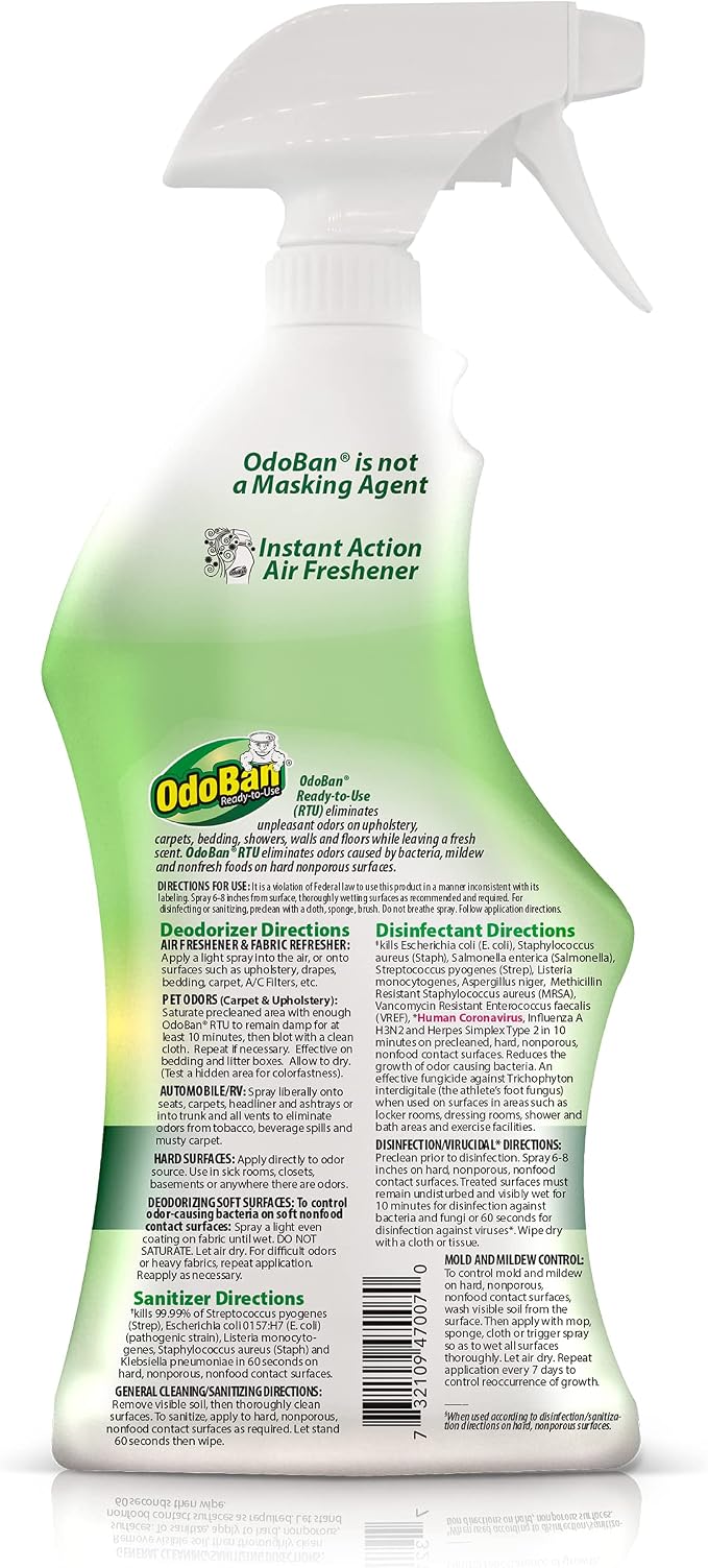 OdoBan Ready-to-Use Disinfectant and Odor Eliminator, Set of 4 Spray Bottles, 32 Ounces Each, Original Eucalyptus Scent