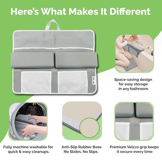 Wobbi Comfortable Bath Kneeler and Elbow Rest Pad Set | 6 Suction Cups for Slip-Resistant Stability | 1.5" Thick Memory Foam Bath Kneeling Pad with 4 Storage Pockets (Grey)