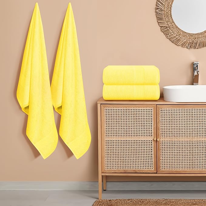 Belizzi Home 4 Pack Bath Towel Set 27x54, 100% Ring Spun Cotton, Ultra Soft Highly Absorbent Machine Washable Hotel Spa Quality Bath Towels for Bathroom, 4 Bath Towels - Lime Yellow