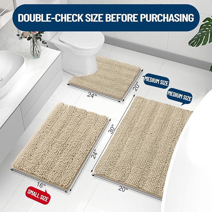 Grandaily Chenille Striped Bathroom Rugs 36x24, Extra Thick and Absorbent Bath Mats, Non-Slip Soft Plush Shaggy Shower Carpet, Machine Wash Dry, Bath Rug for Bathroom, (Large, Beige)