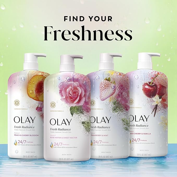 Olay Body Wash for Women, Fresh Radiance, 24/7 Skin-Loving Freshness, Visibly Radiant, Plant Based Cleansers, Vitamin B3 & Antioxidant Blend, All Skin Types, Rose Water & Sweet Nectar Scent, 29 fl oz
