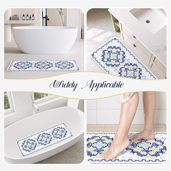 SHUCHING Blue Bath Mat for Tub Non Slip-40x16 Inch, Boho | Bathtub Mat for Elderly Mold Free, Long Shower Mat for Inside Shower with Suction Cup, Machine Washable