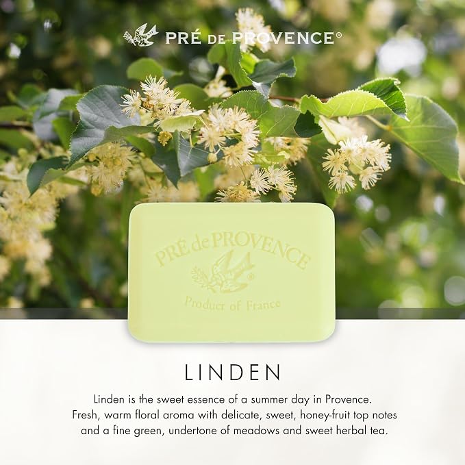 Pre de Provence Artisanal Soap Bar, Enriched with Organic Shea Butter, Natural French Skincare, Quad Milled for Rich Smooth Lather, 8.8 Ounce, Linden