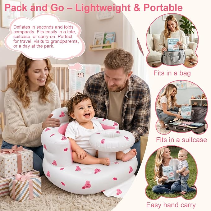 Inflatable Baby Seat for Babies 3-36 Months, Baby Chair with Fence & Built in Air Pump, Blow Up Floor Baby Seat with Back Support, Inflatable Baby Chair Sit Me Up for Home Pink Rabbit-Tray