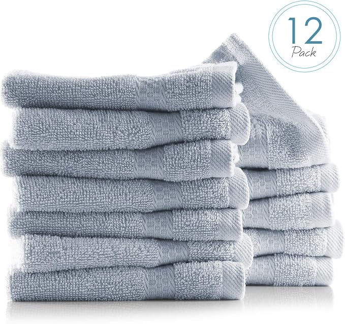 Hearth & Harbor Washcloths 12 Pack - 100% Cotton Washcloth for Body and face, High Absorbent and Soft 13"x13" Body Wash Cloth, Quick Dry - Ice Blue Washcloths