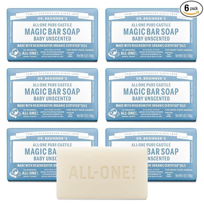 Dr. Bronner's Pure-Castile Magic Bar Soap (Baby Unscented, 5 oz, 6-Pack) - Made with Regenerative Organic Certified Oils, For Face, Body & Hair, Gentle for Sensitive Skin - Vegan, Non-GMO