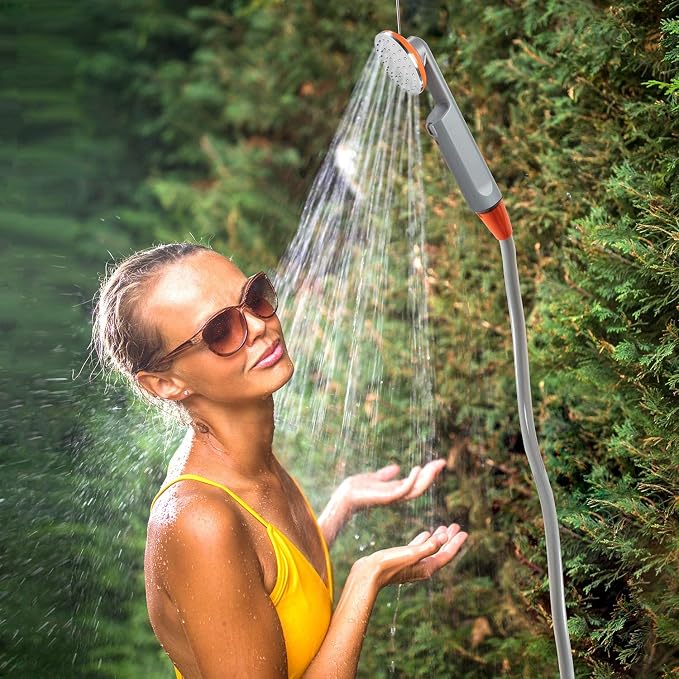 Ivation Portable Camping Shower | Compact Handheld & Hands-Free Rechargeable Outdoor Shower Head & Cleaning System w/ 3.7V Pump, 6-Ft Hose, Bidet Head, Removable Filter, Multiuse Hook & USB Cable