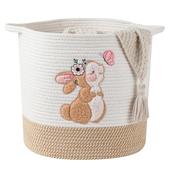 Large Blanket Baskets for Living Room, Bunny Baskets Toy Storage Basket Woven Cotton Rope Basket for Kids, Toys Organizer Clothes Hamper with Embroidery, Laundry Hamper Nursery Decor ( Large )
