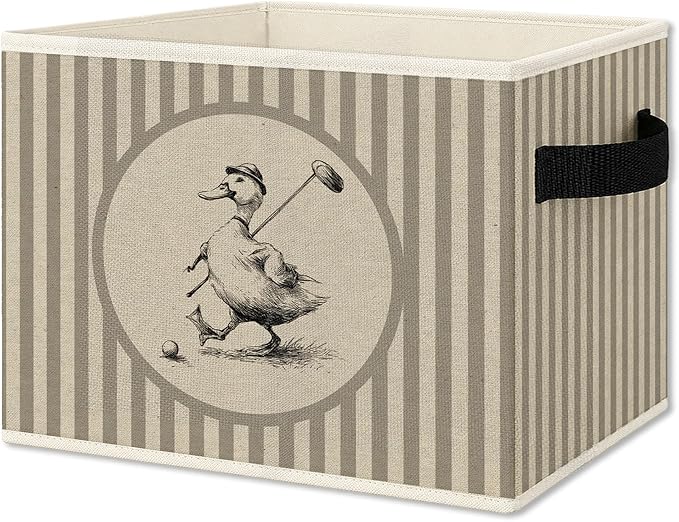Vintage Golf Duck Storage Bins Box with Handles, Sports Kids Decor for Boys, Neutral Striped Golf Collapsible Organizer Basket for Nursery Room Bedroom Playroom Toys Books
