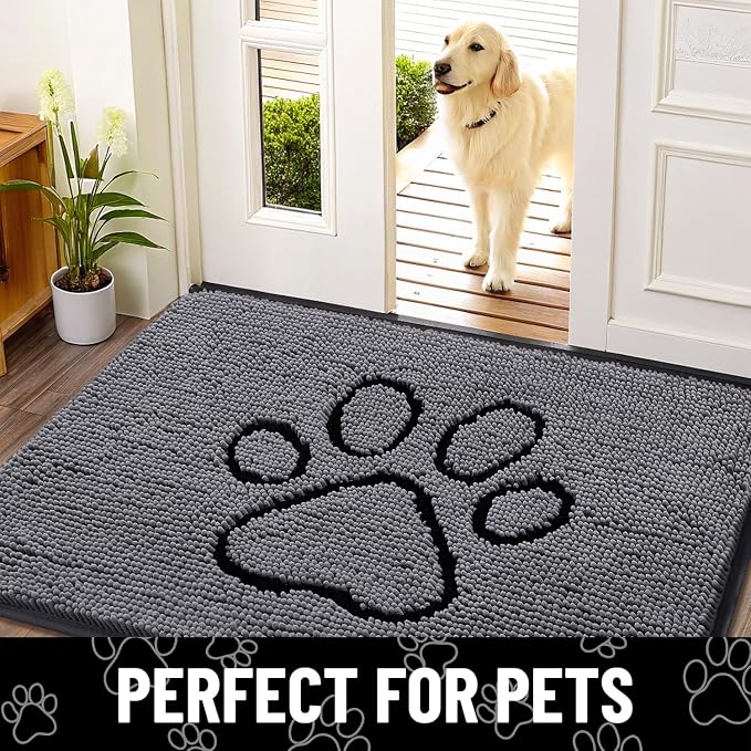 Smiry Dog Door Mat for Muddy Paws, Absorbent Dirt Trapper Non Slip Quick Dry Washable Chenille Mat for Mud Dogs, Entry Rug for Indoor and Outdoor (71x46 Inches, Dark Grey and Black)
