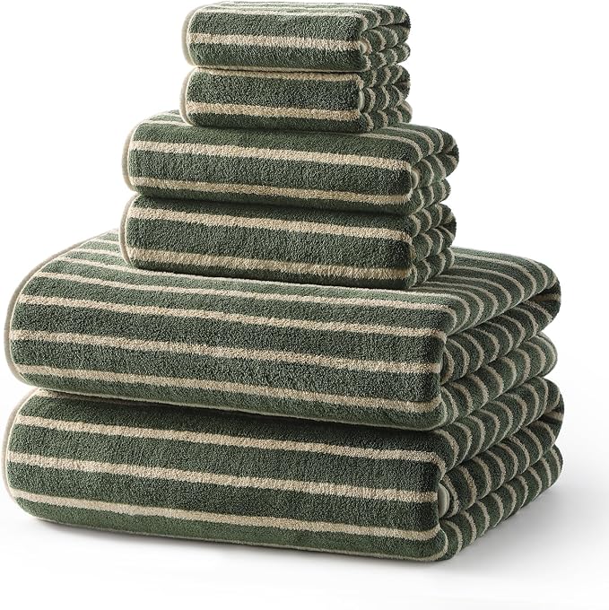 ecolook Striped Microfiber Bathroom Towel Set, Lightweight-Green | Highly Absorbent 6-Piece Microfiber Towel Set, 2 Bath Towels, 2 Hand Towels, and 2 Washcloths for Everyday Use