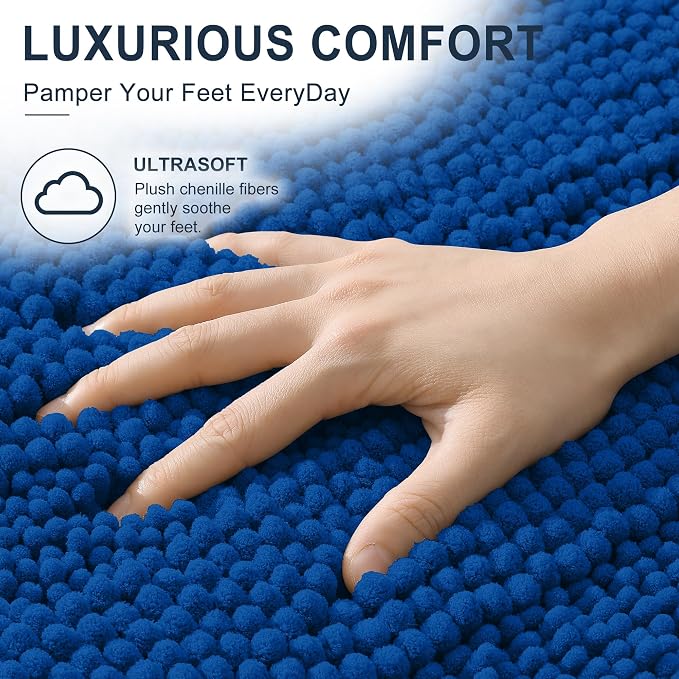 Smiry Thick Small Chenille Bathroom Rugs 24x16, Extra Absorbent Striped Bath Mat, Machine Washable, Rubber Backing, Bath Rugs for Bathroom, Tub & Shower, Home Decor Accessories, Deep Navy Blue