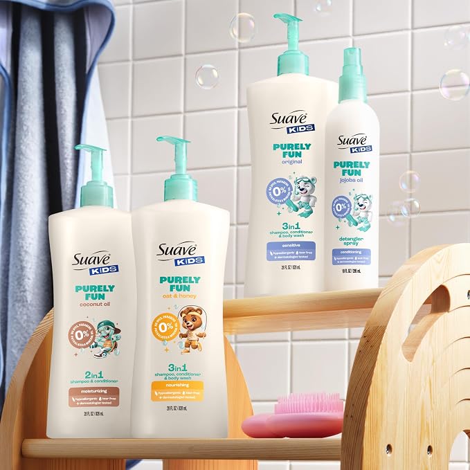 Suave Kids Purely Fun 3 in 1 Shampoo, Conditioner & Body Wash, Original Clean Scent, Hypoallergenic, Tear-Free Formula, Dermatologist Tested, 4 Count, 28 FL OZ