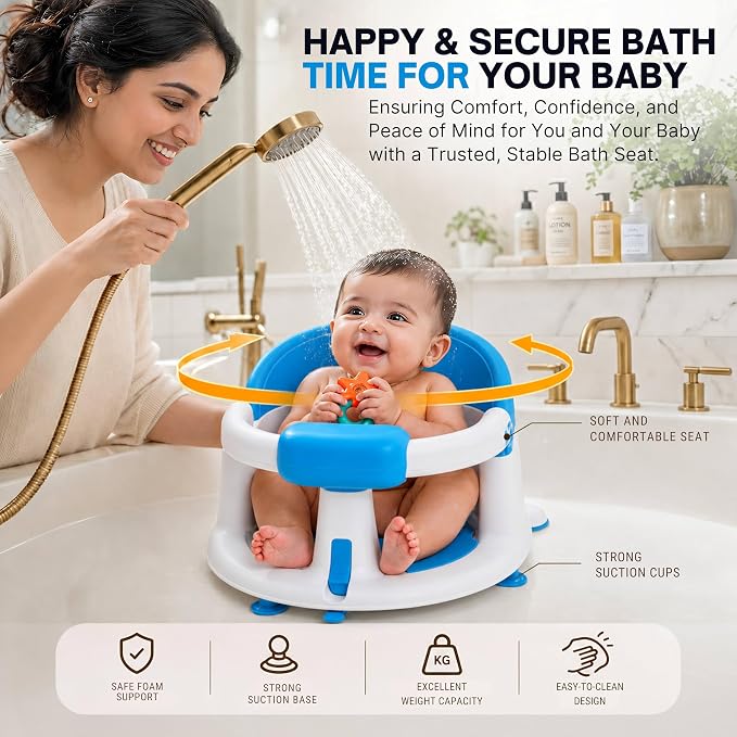PMV Baby Bath Seat for Sitting Babies, Non-Slip Baby Bath Chair with 3 Suction Cups, Safe & Comfortable Toddler Bath Support Seat for Bath/Shower Use, Stable Design, Gray (6–24 Months) (Blue)