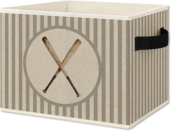 Vintage Baseball Boy Storage Bins Box with Handles, Sports Kids Decor for Boys, Neutral Striped Baseball Bat Collapsible Organizer Basket for Nursery Room Bedroom Playroom Toys Books