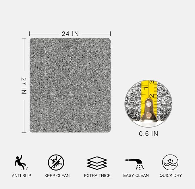 Nonslip Bathtub Mat, Anti Slip Bath Mat 0.6" Extra Thick, Quick Dry Bath Tub Anti Slip Shower Mat, Loofah Non-Slip Bath Mat for Tub Bathroom Pool Kitchen Entryway Home Hotel(Grey 24x27)