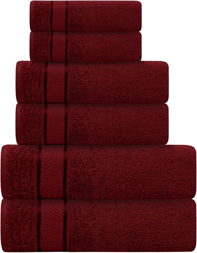 Bath Towels Set-100% Cotton- 2 Bath, 2 Hand & 2 Washcloths- Large, Thick, Fluffy, Absorbent, Quick Dry, Soft & Plush - Home, Pool, Hotel, Gym Towel -6 Piece Luxury Bathroom Towels- Dark Red / Burgundy