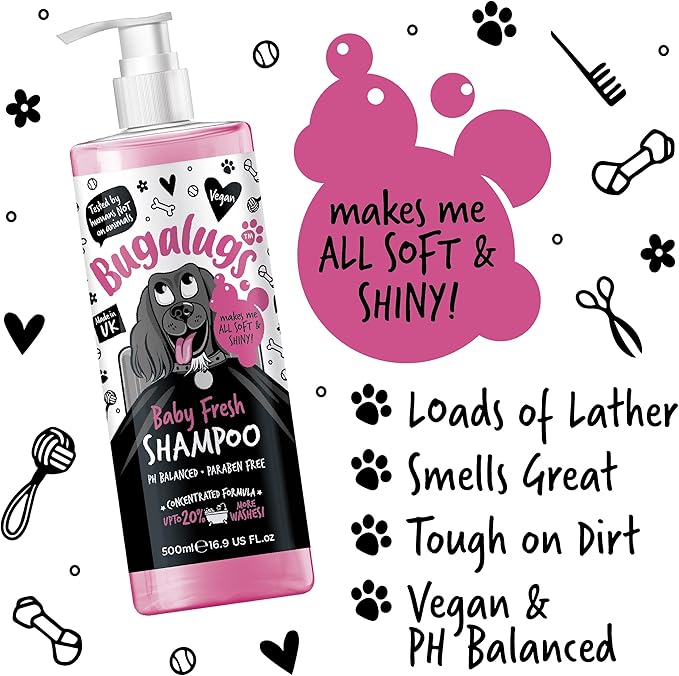 BUGALUGS Baby Fresh Dog Shampoo 16.85 FL Oz - Grooming Product for Smelly Dogs With Baby Powder Scent - Best Puppy Shampoo, Conditioner, Vegan and Professional Pet Shampoo