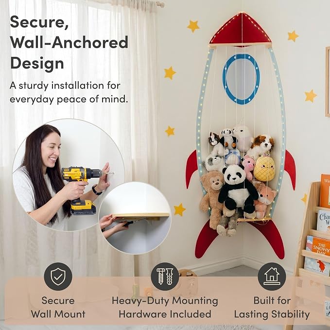PUTSKA Nursery Furniture Hanging Organizer – Wall Mounted Stuffed Animal Storage for Baby Room, Corner Plush Collection Display & Nursery Organization System, Space-Saving Vertical Storage - Spaceship