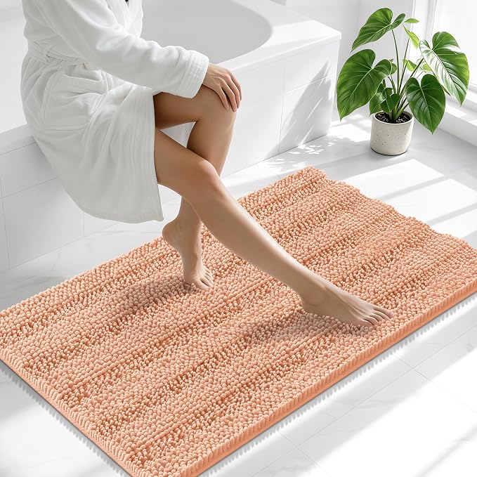 Smiry Thick Chenille Bathroom Runner Rugs 44x24, Extra Absorbent Striped Bath Mat, Machine Washable, Rubber Backing, Long Bath Rugs for Bathroom, Tub & Shower, Home Decor Accessories, Peach