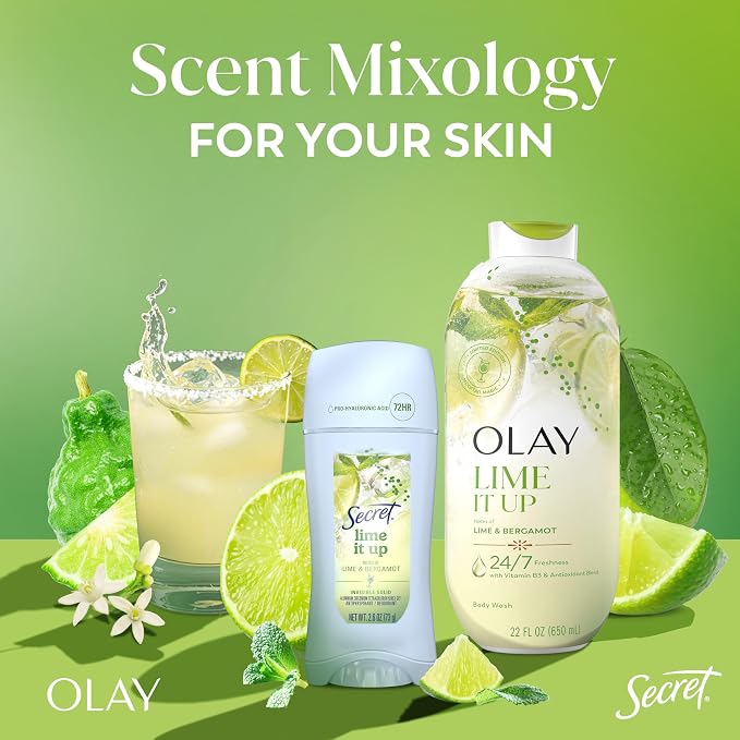 Olay Body Wash for Women, 24/7 Skin-Loving Freshness, Miami Mocktails, Plant Based Cleansers, Vitamin B3 & Antioxidant Blend, For All Skin Types, Lime It Up with Bergamot Scent, 22 fl oz