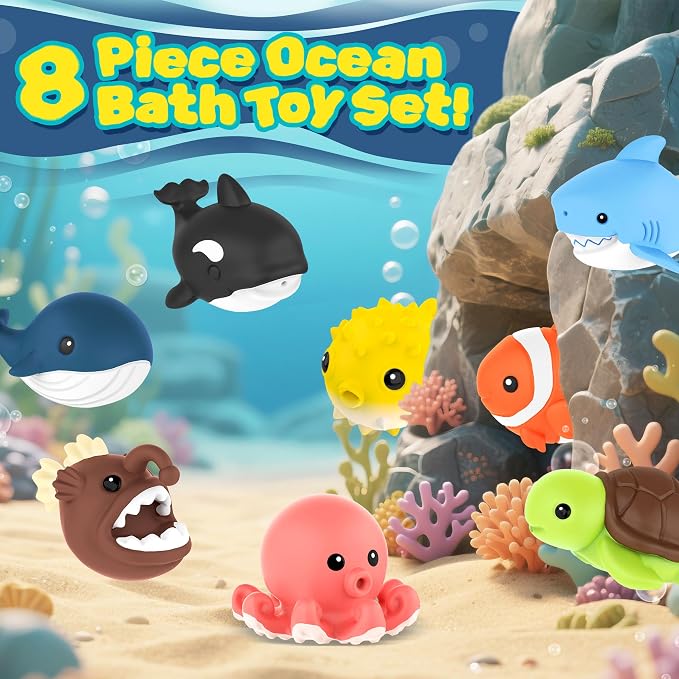 Zippytots 8 PCS Ocean Animal Bath Toys Mold Free Infant Bath Tub Toys for 12 Months - No Hole Bathtub Toys for Toddlers 1-3 Water Pool Toys for Baby Toddler Ages 1+