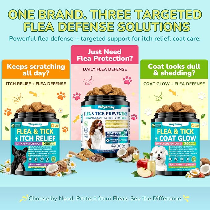 Woyamay Flea and Tick Prevention for Dogs Chewables, 200 Soft Treats, Natural Dog Flea and Tick Treatment, Oral Flea Chews for Dogs Supplement, Flea and Tick Chews for Dogs Puppies, All Breeds & Sizes