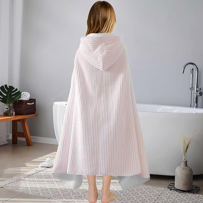 VOOVA & MOVAS Hooded Bath Towels for Teens/Big Kids (8Years Up) | Soft Absorbent 100% Cotton Thick Towel Wrap | Versatile Beach, Pool, Swim & Bath Cover-Up | Pink White