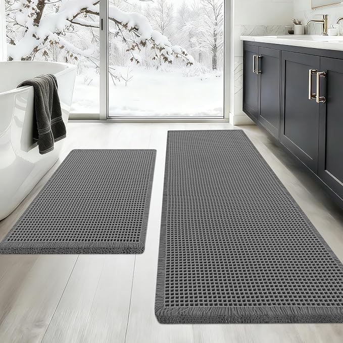 Upgraded Waffle Bath Mat Set 2 Piece Grey, Super Absorbent Non-Slip Quick Dry Bathroom Rugs with Tassels, Machine Washable Ultra Soft Boho Bath Rugs for Floor, Toilet Mats Boho Farmhouse Decor