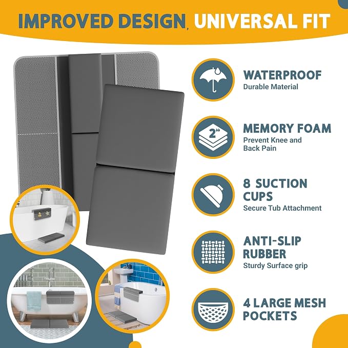 Bath Kneeler & Elbow Rest Pad Set, 2-Inch Thick,Memory Foam,Water-Resistant | Baby Bath Time Essentials Cushion and Bath Kneeling Pad for Bathing Baby With Bathtub Toy Organizer (Dark Gray)