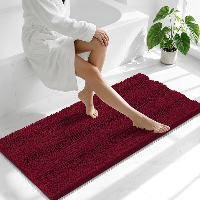 Smiry Thick Chenille Bathroom Runner Rugs 47x20, Extra Absorbent Striped Bath Mat, Machine Washable, Rubber Backing, Long Bath Rugs for Tub & Shower, Modern Home Decor Accessories, Burgundy