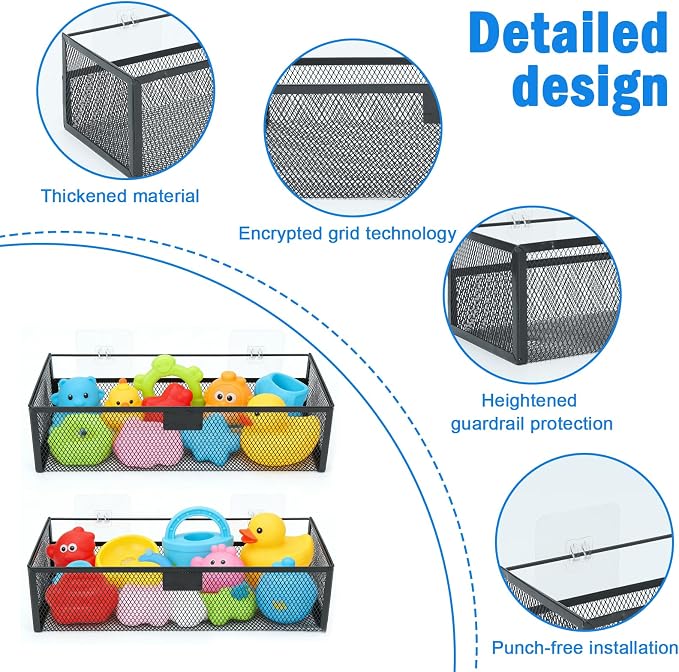 Bath Toy Storage,2 Pack Iron Mesh Bathtub Organizer for Shower Bathroom, Wall Mounted Shower Holder with Drainage, Space Saving Rust Resistant Bathtub Storage Basket for Kids Toddlers Bathroom