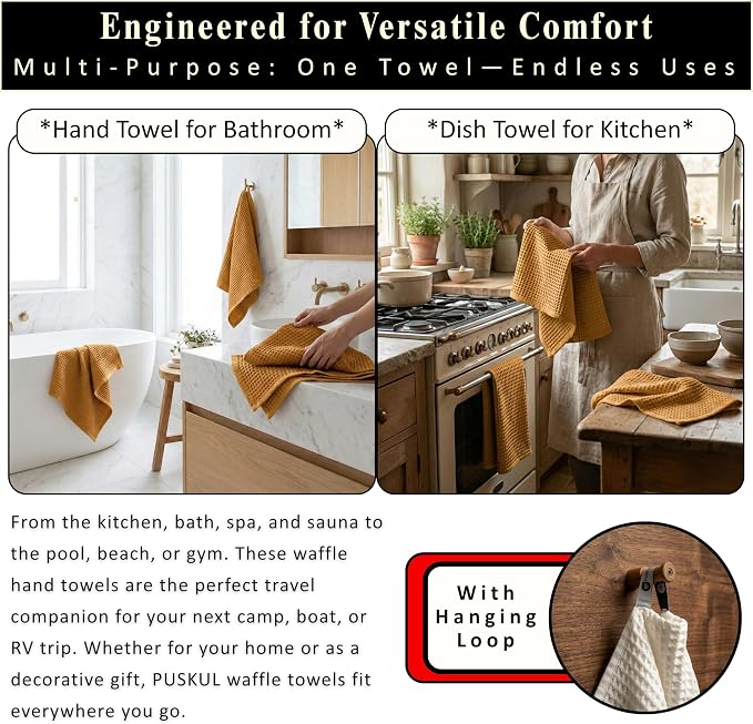 PÜSKÜL Natural 100% Turkish Cotton Waffle Kitchen Towels Set of 3 | Oeko-Tex, Premium Waffle Hand Towels for Bathroom | Soft Absorbent Quick-Dry Lint-Free Dish Towel Large 32x16 in (3, Mustrad Yellow)