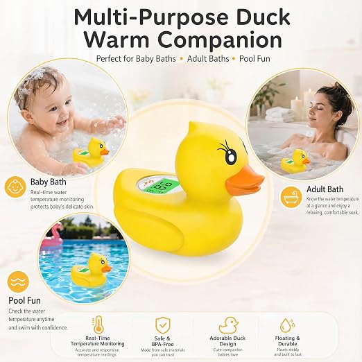 Baby Bath Thermometer for Infants & Todlers, Floating Duck Water Thermometer with Instant Temperature Reading,3-Color LED Safety Alert,Large LCD Display, BPA-Free Bathtub Toy Auto On/Off