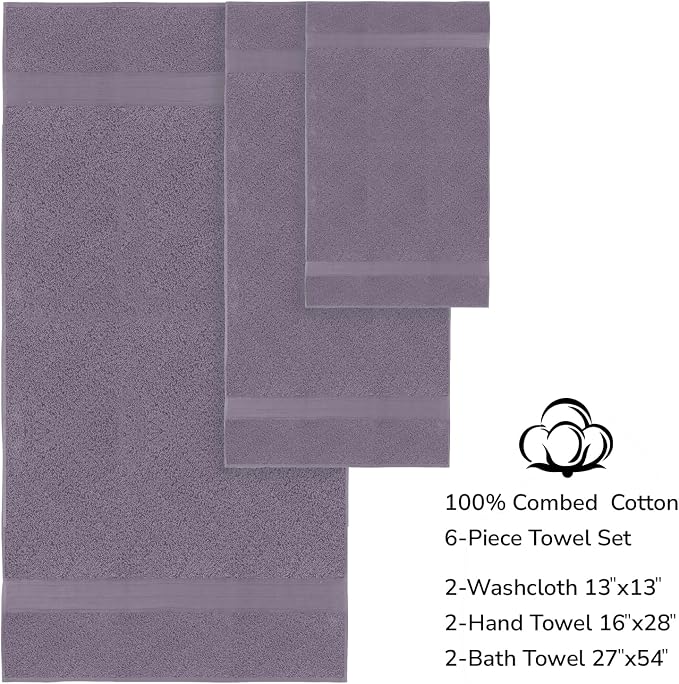 Feather & Stitch 100% Cotton Bath Towel Set of 6, 625 GSM Ultra Soft Highly Absorbent 2 Bath Towels, 2 Hand Towels & 2 Washcloth - Luxury Quick Dry Shower Towels. (Charcoal)