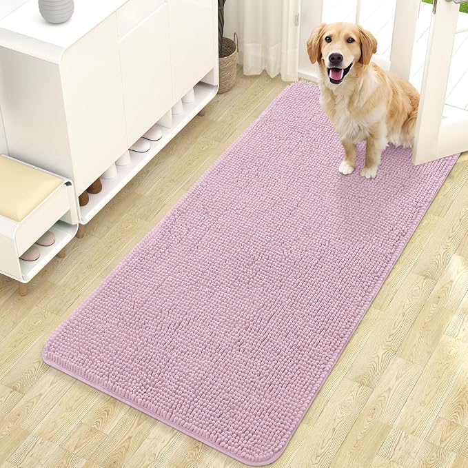 OLANLY Dog Door Mat for Muddy Paws 47x24, Absorbs Moisture and Dirt, Absorbent Non-Slip Washable Doormat, Quick Dry Chenille Mud Mat for Dogs, Entry Indoor Entryway Carpet for Inside Floor, Dusty Rose