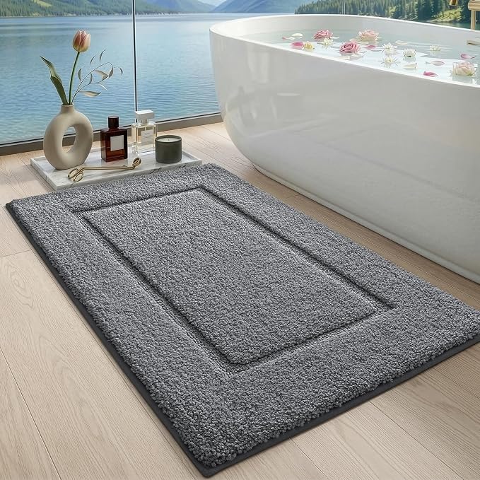 DEXI Bathroom Rugs 43x24, Washable Non Slip Bath Mat for Shower Floor, Absorbent Quick Dry Bathmat with Rubber Backing, Ultra Soft Plush Carpet for Tub, Grey