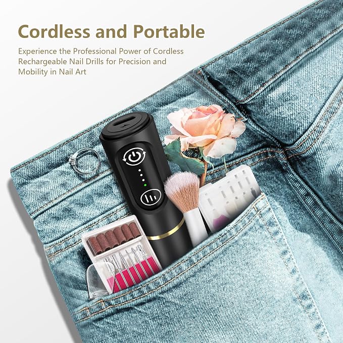 TUOBEO Cordless Nail Drill Electric Rechargeable File Kit, Professional Efile Acrylic Gel Nail Polish Remover Pedicure Manicure Machine Portable Set with 11 Bits 56 Sanding Bands for Salon Black