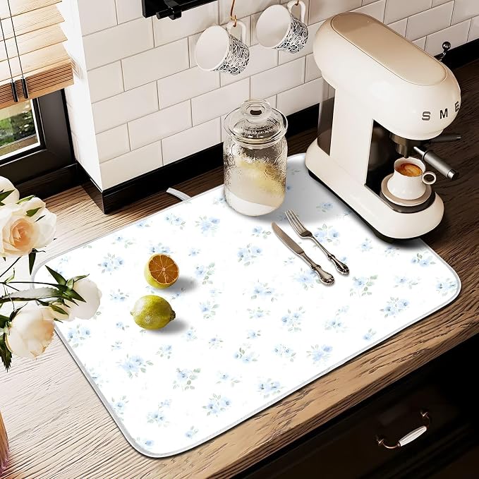 Blue Small Floral Dish Drying Mat, Absorbent Drainer Mats for Kitchen Counter Coffee Maker 24"x18"
